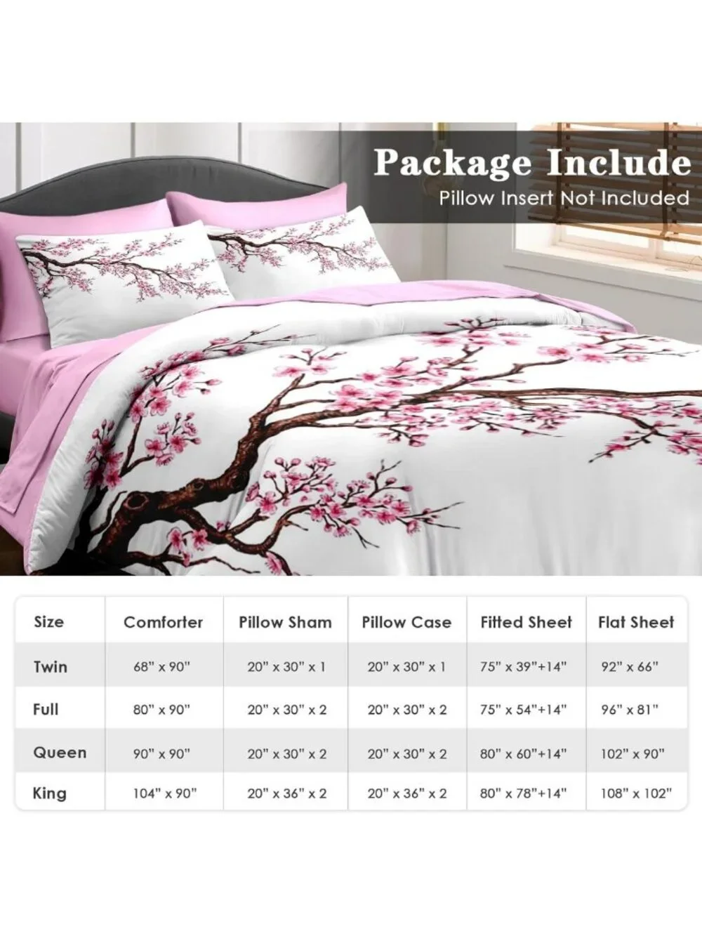 7-Piece Queen Comforter Set with Sheets - Japanese Cherry Blossom Bedding